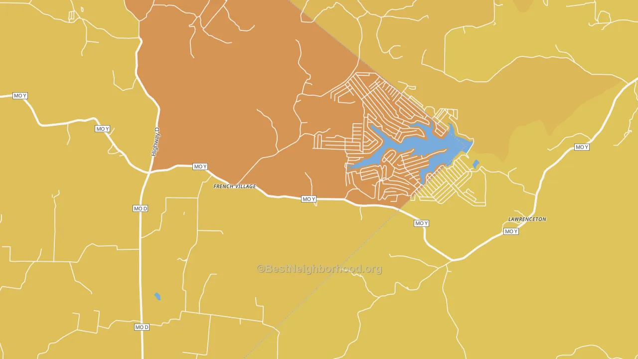 Map of the best neighborhoods in the French Village area, with better matches in green and worse matches in red