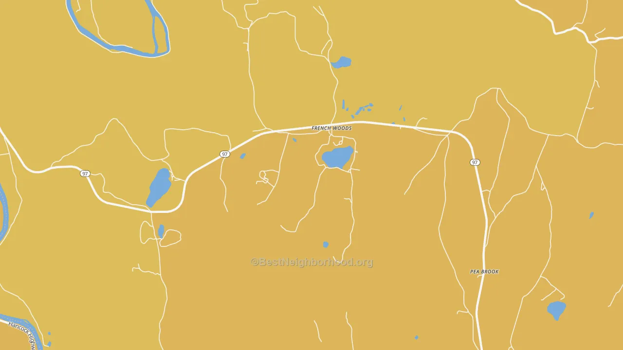 Map of the best neighborhoods in the French Woods area, with better matches in green and worse matches in red