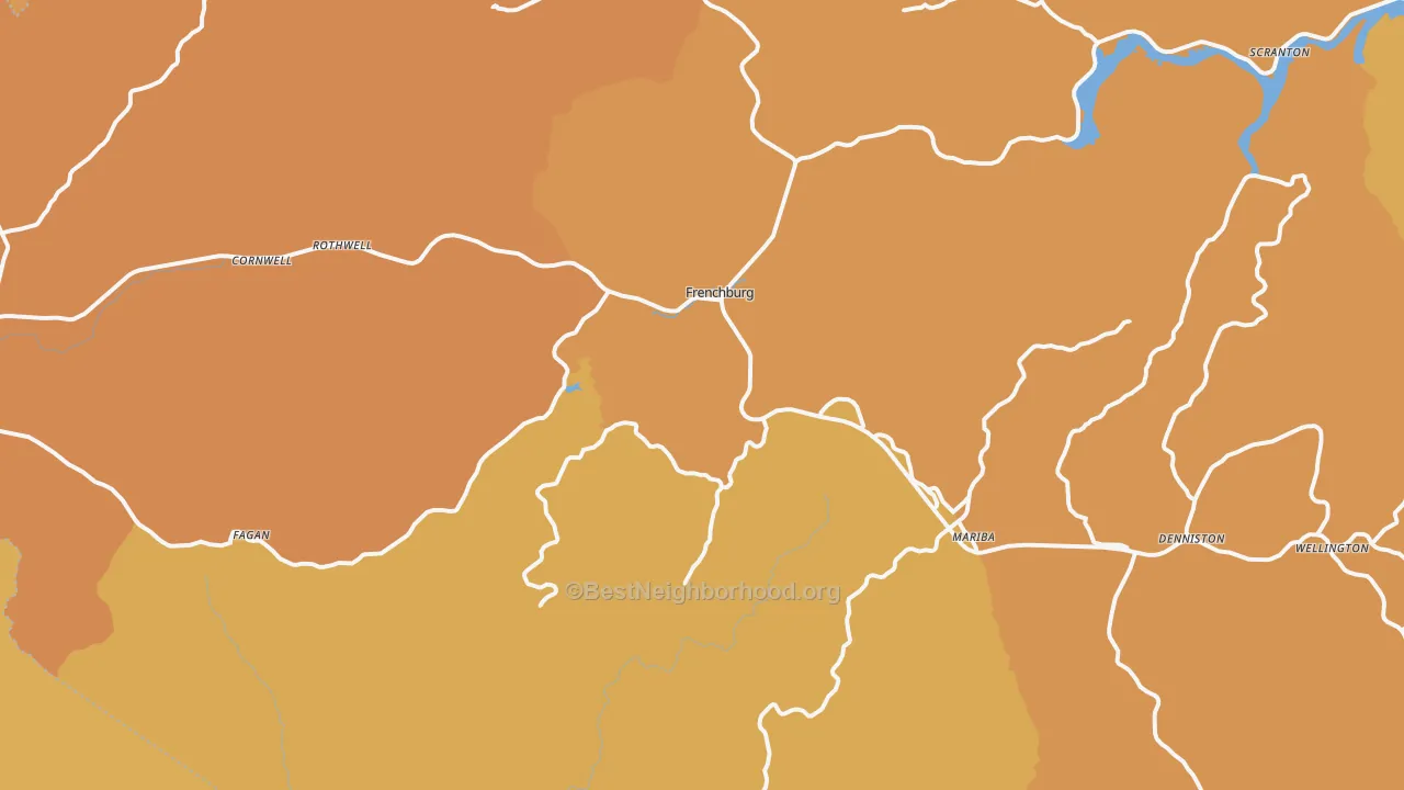 Map of the best neighborhoods in the Frenchburg area, with better matches in green and worse matches in red