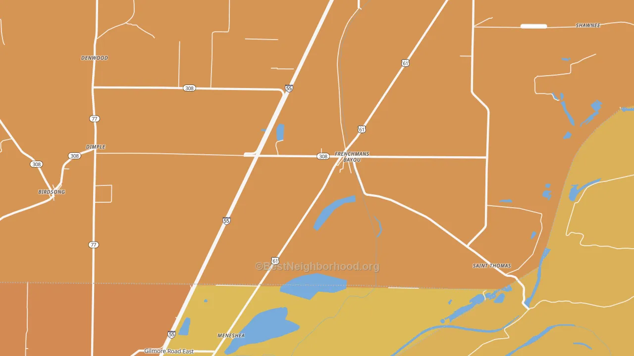 Map of the best neighborhoods in the Frenchmans Bayou area, with better matches in green and worse matches in red