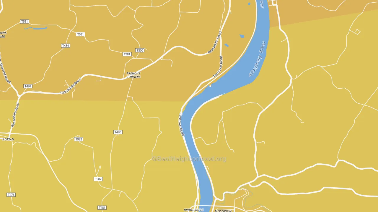 Map of the best neighborhoods in the Frenchs Corners area, with better matches in green and worse matches in red