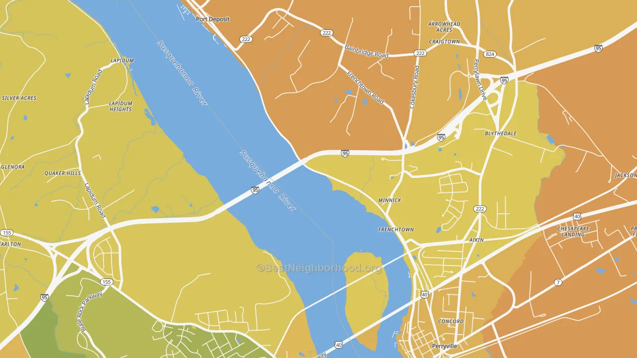 Map of the best neighborhoods in the Frenchtown area, with better matches in green and worse matches in red