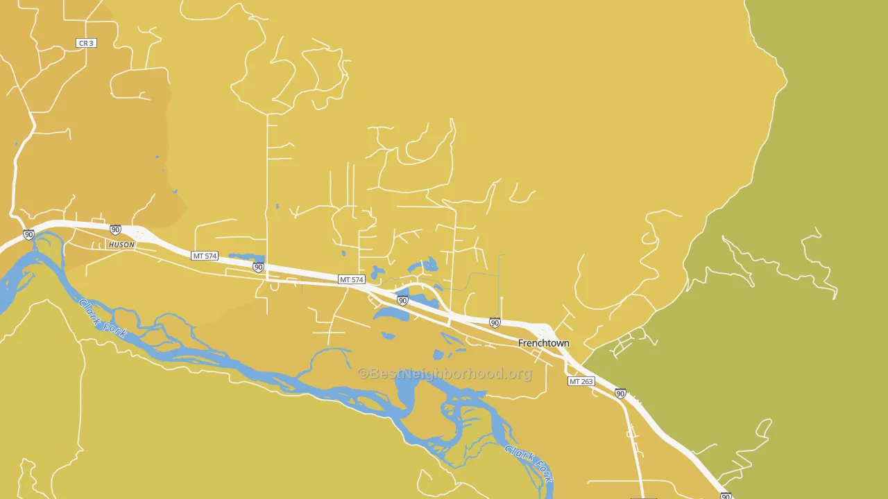 Map of the best neighborhoods in the Frenchtown area, with better matches in green and worse matches in red