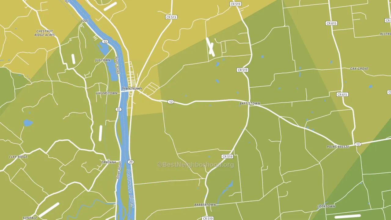 Map of the best neighborhoods in the Frenchtown area, with better matches in green and worse matches in red