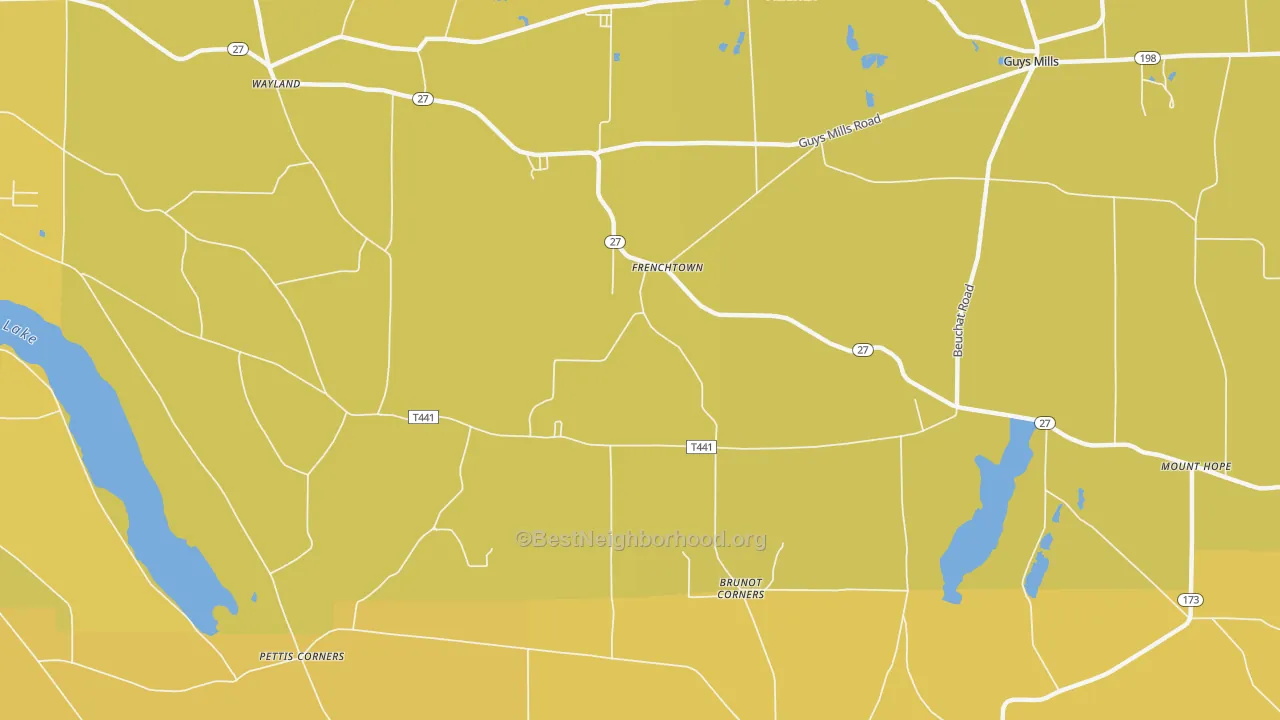 Map of the best neighborhoods in the Frenchtown area, with better matches in green and worse matches in red