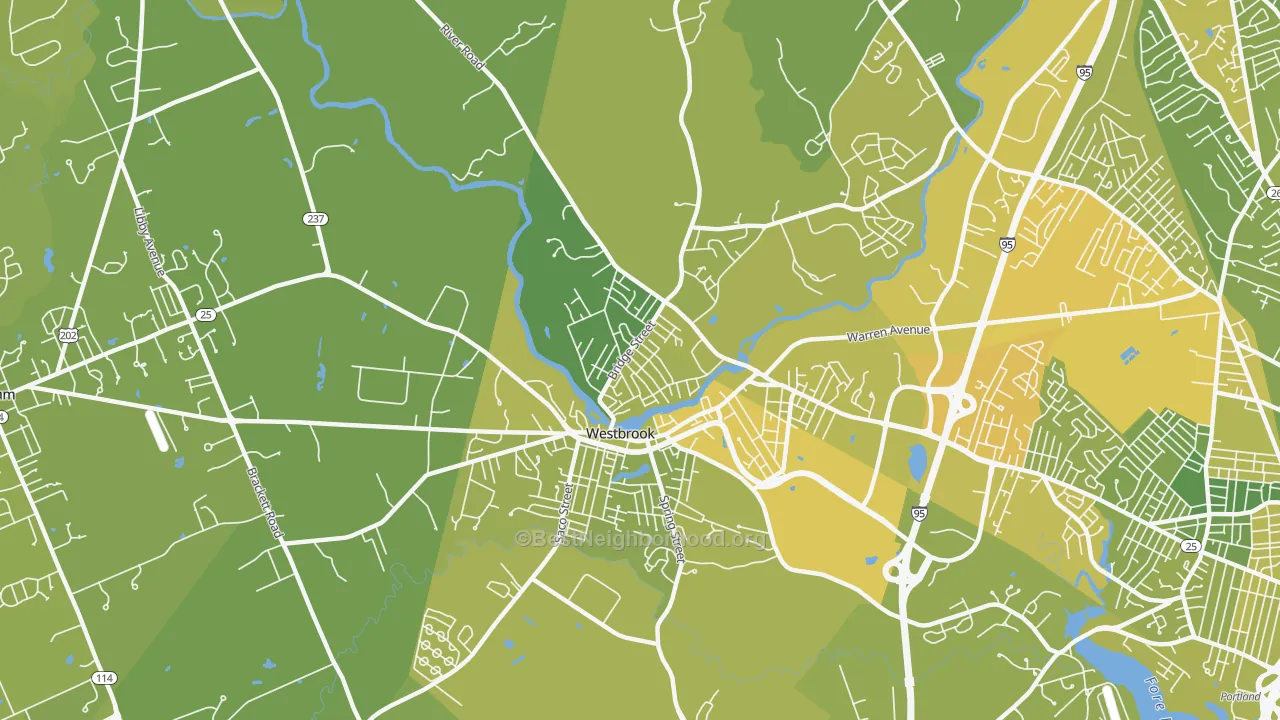 Map of the best neighborhoods in the Frenchtown, Westbrook area, with better matches in green and worse matches in red