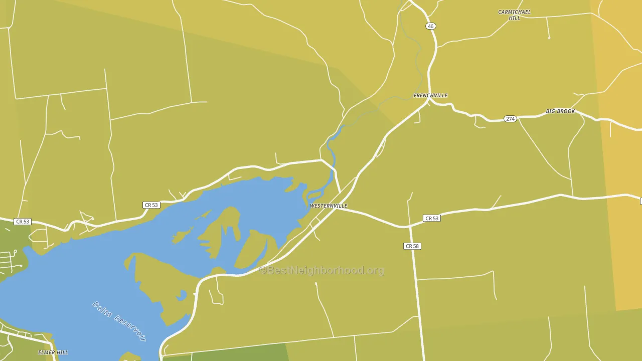 Map of the best neighborhoods in the Frenchville area, with better matches in green and worse matches in red