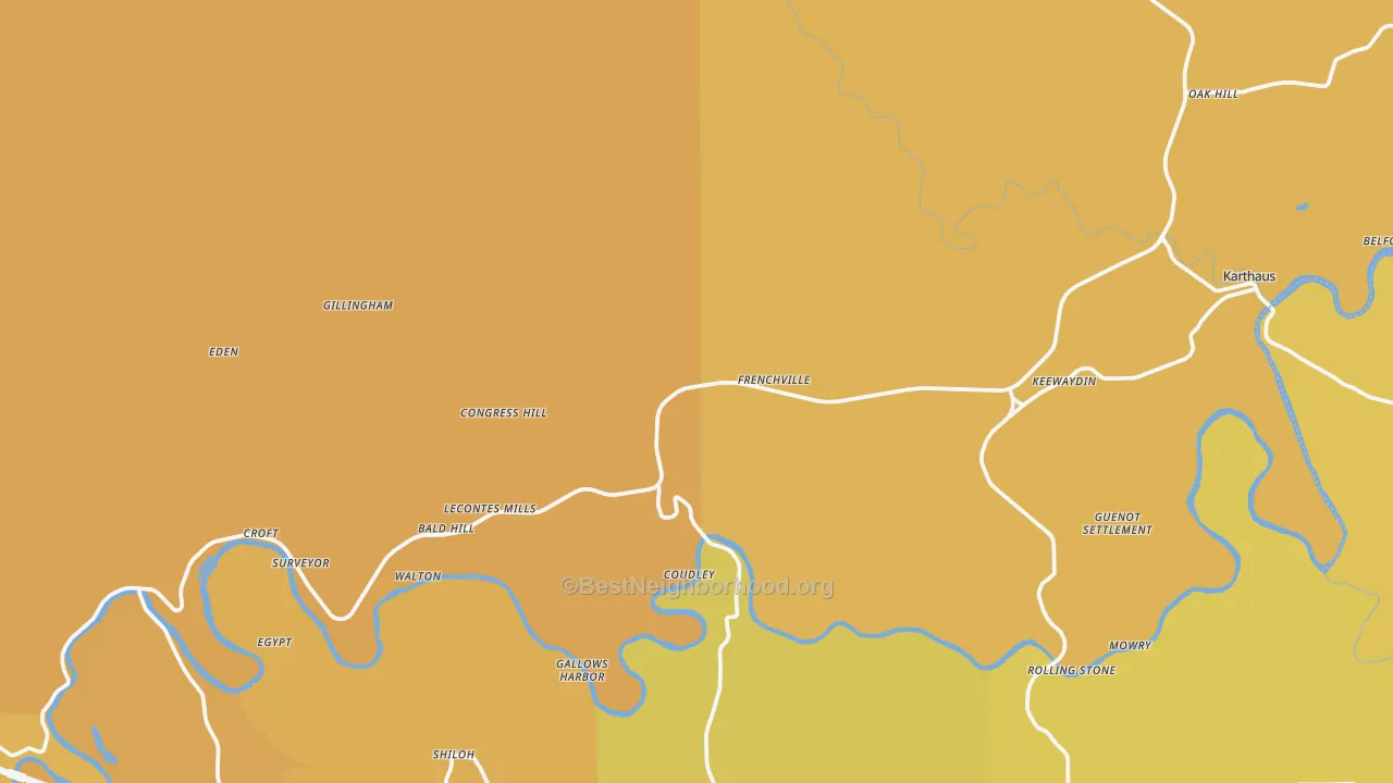 Map of the best neighborhoods in the Frenchville area, with better matches in green and worse matches in red