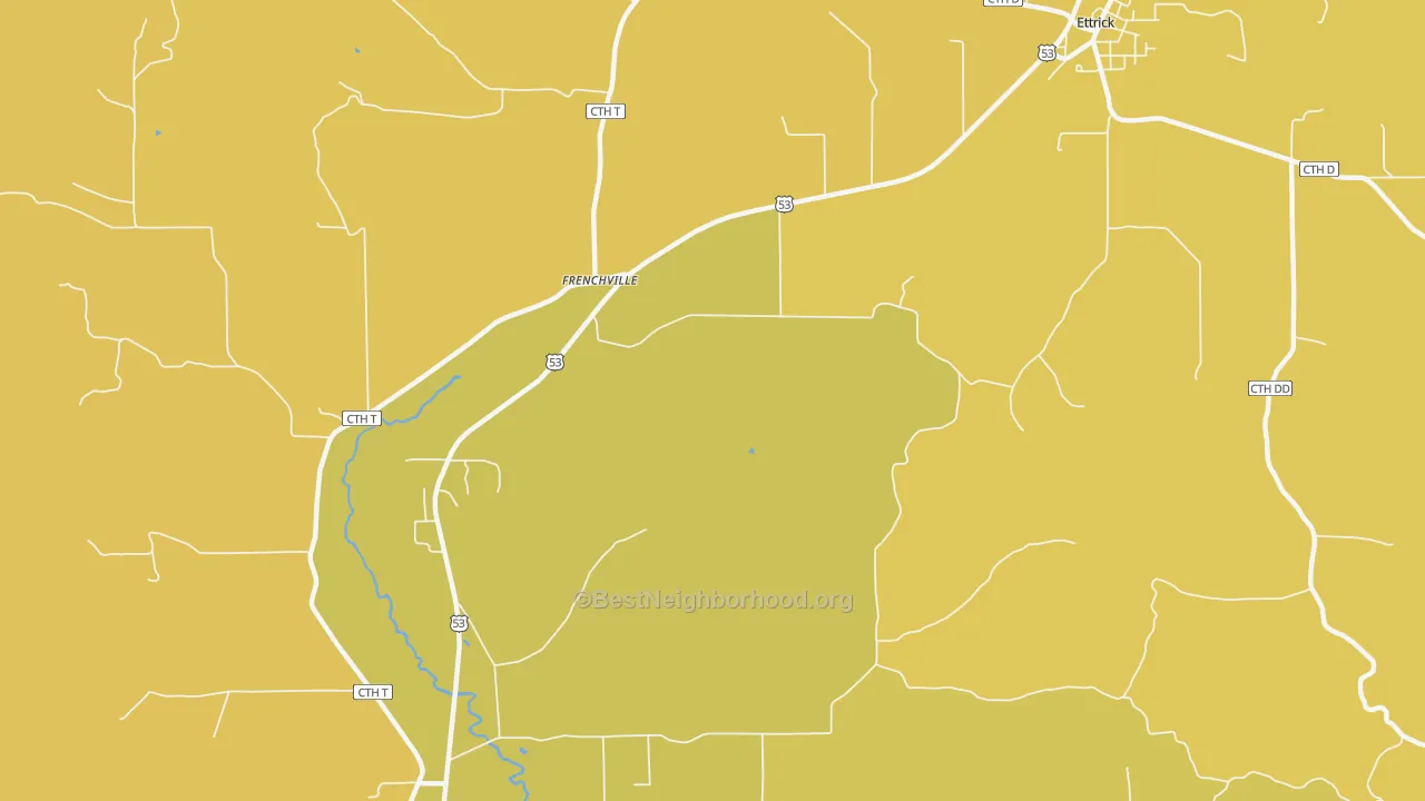 Map of the best neighborhoods in the Frenchville area, with better matches in green and worse matches in red