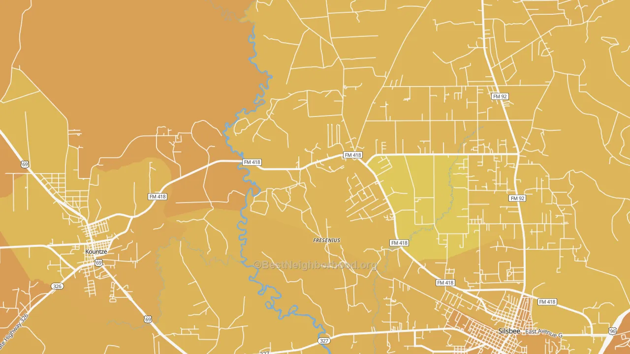 Map of the best neighborhoods in the Fresenius area, with better matches in green and worse matches in red