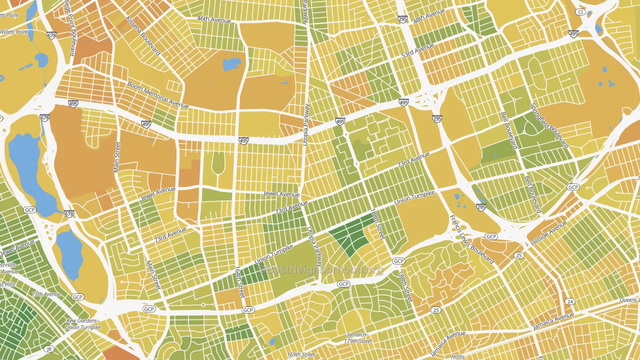 Map of the best neighborhoods in the Fresh Meadows, Queens area, with better matches in green and worse matches in red