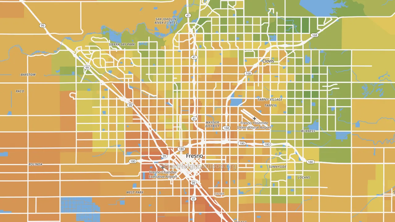 Map of the best neighborhoods in the Fresno Metro area, with better matches in green and worse matches in red