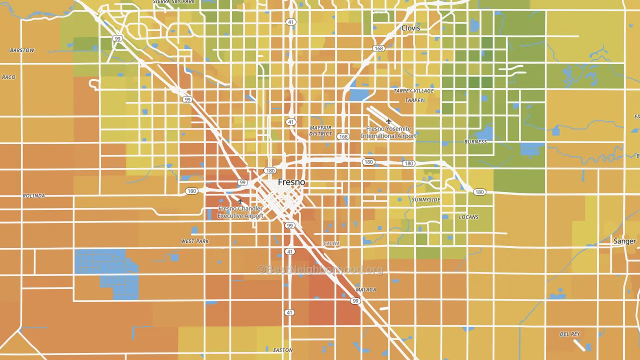 Map of the best neighborhoods in the Fresno County area, with better matches in green and worse matches in red