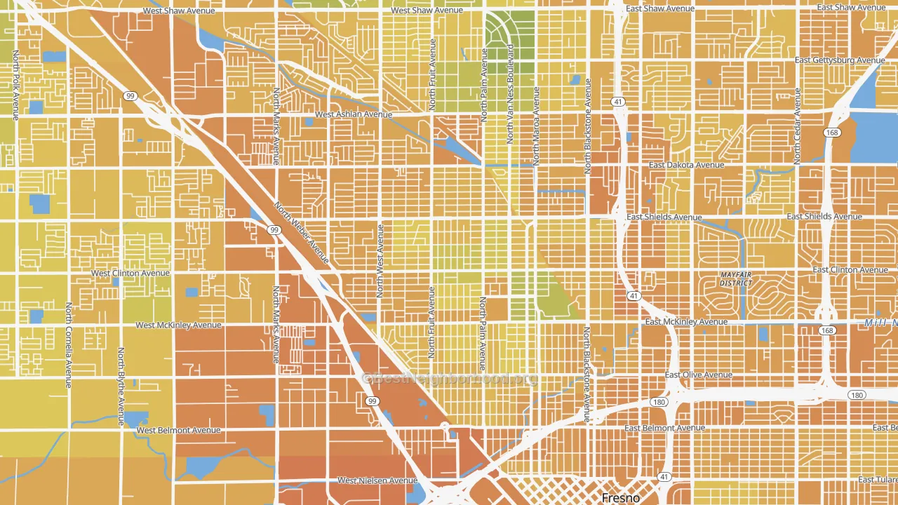 Map of the best neighborhoods in the Fresno-High, Fresno area, with better matches in green and worse matches in red
