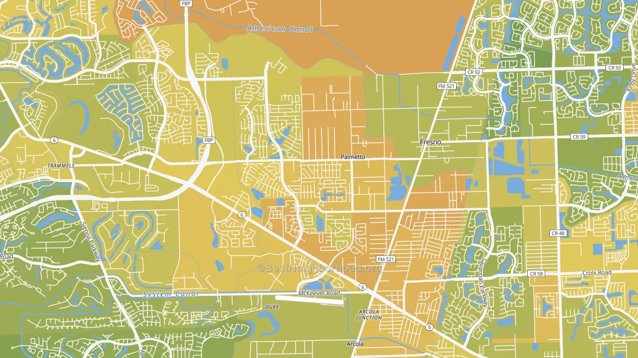 Map of the best neighborhoods in the Fresno area, with better matches in green and worse matches in red
