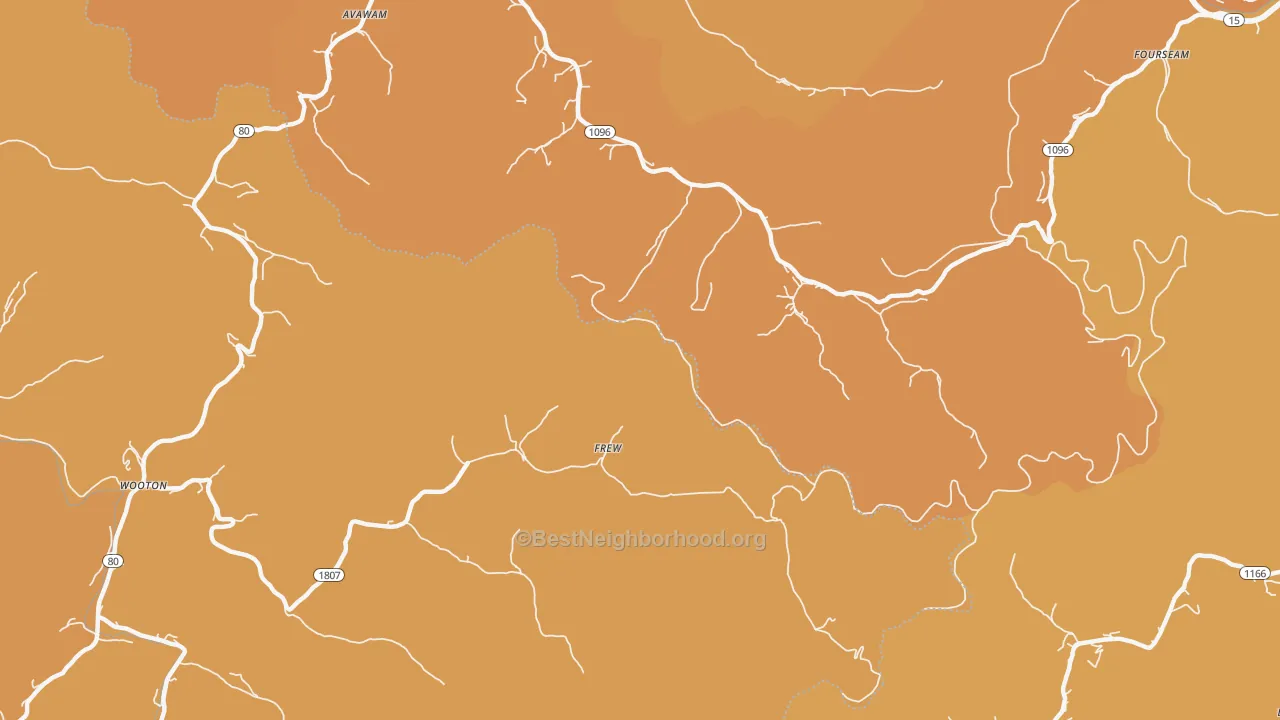Map of the best neighborhoods in the Frew area, with better matches in green and worse matches in red