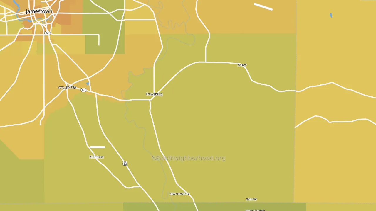 Map of the best neighborhoods in the Frewsburg area, with better matches in green and worse matches in red