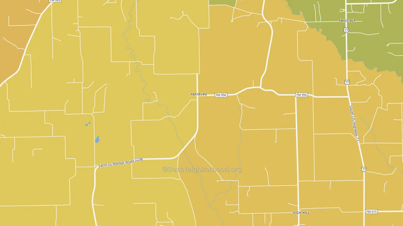 Map of the best neighborhoods in the Freyburg area, with better matches in green and worse matches in red