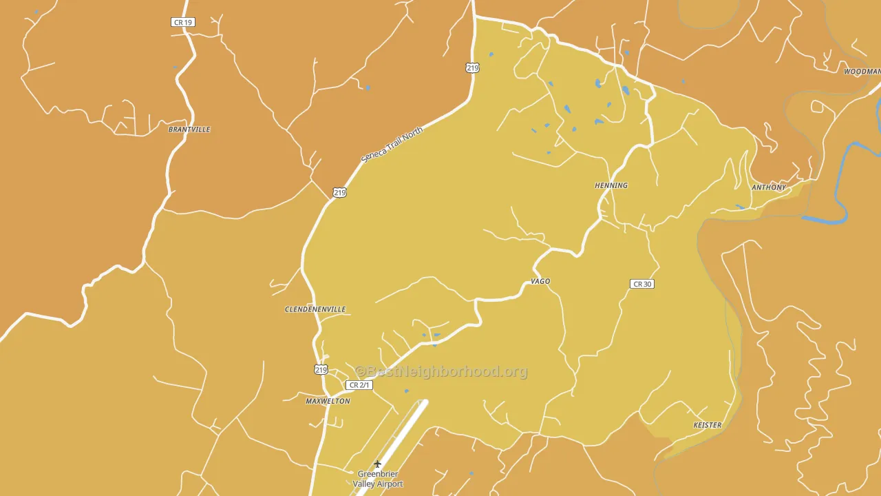 Map of the best neighborhoods in the Friars Hill area, with better matches in green and worse matches in red