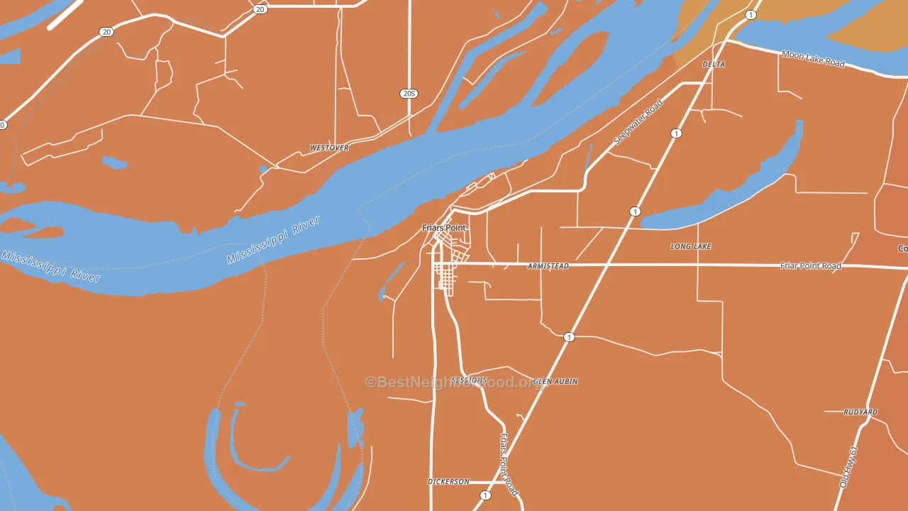 Map of the best neighborhoods in the Friars Point area, with better matches in green and worse matches in red