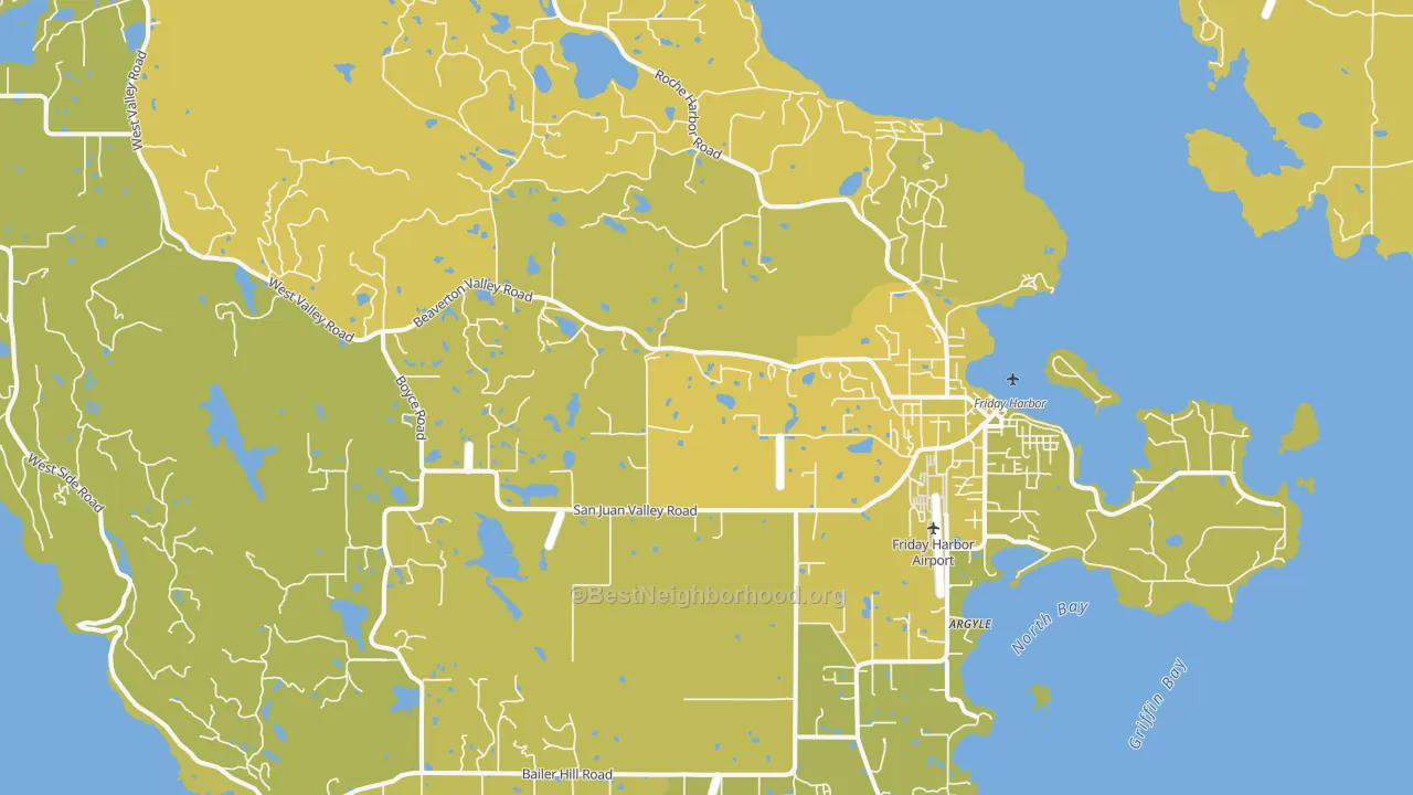 Map of the best neighborhoods in the Friday Harbor area, with better matches in green and worse matches in red
