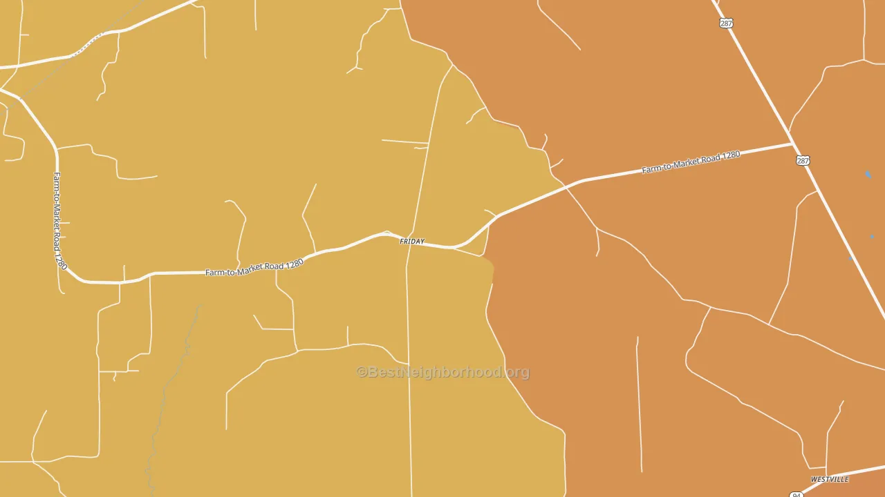 Map of the best neighborhoods in the Friday area, with better matches in green and worse matches in red