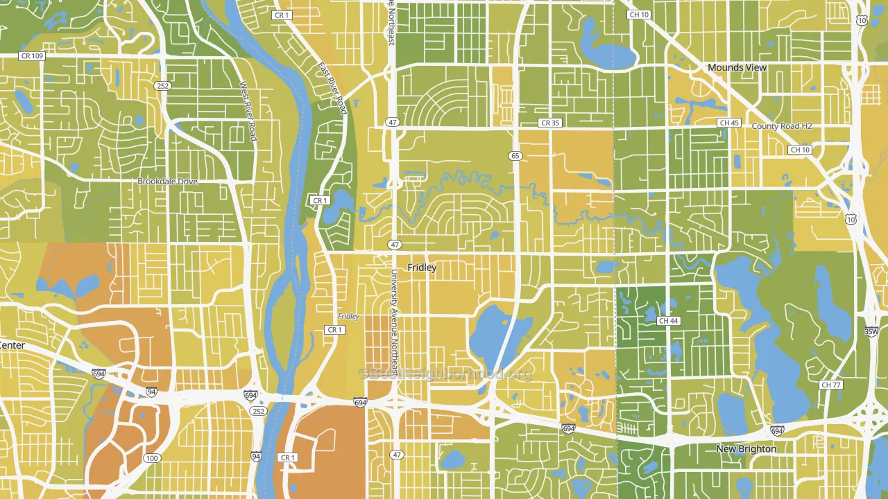 Map of the best neighborhoods in the Fridley area, with better matches in green and worse matches in red
