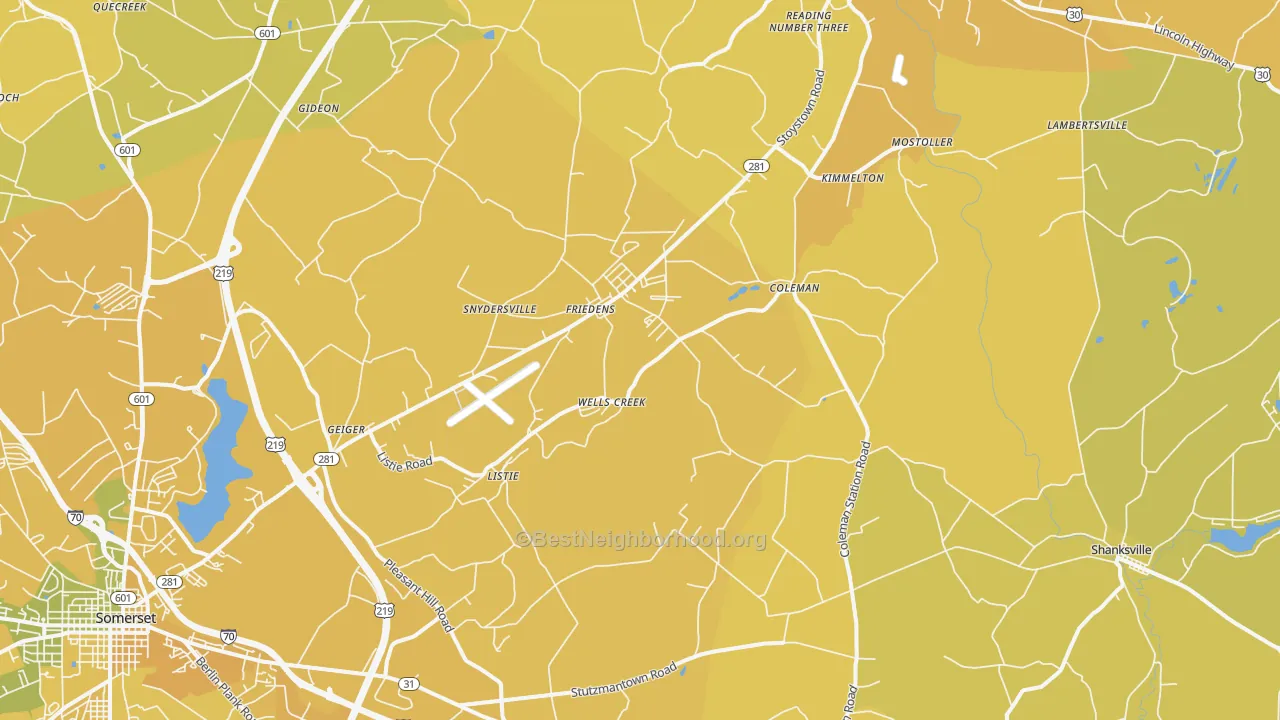 Map of the best neighborhoods in the Friedens area, with better matches in green and worse matches in red