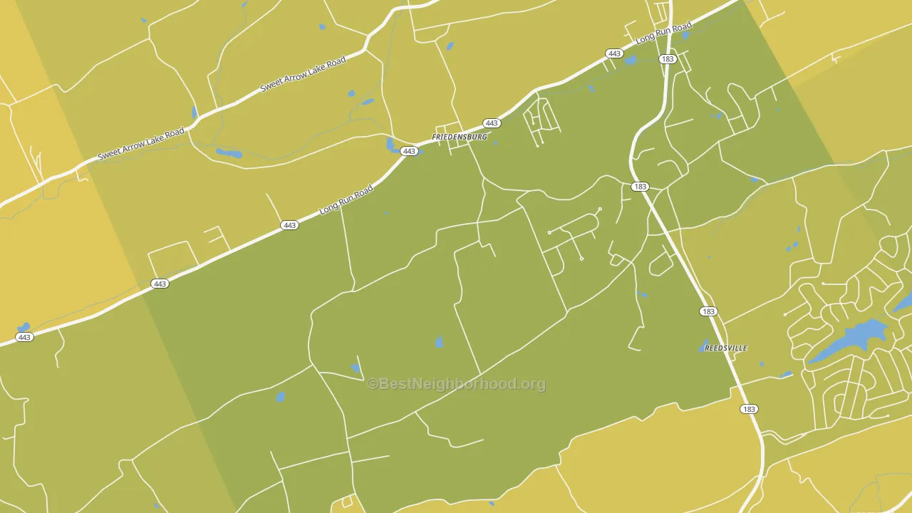 Map of the best neighborhoods in the Friedensburg area, with better matches in green and worse matches in red