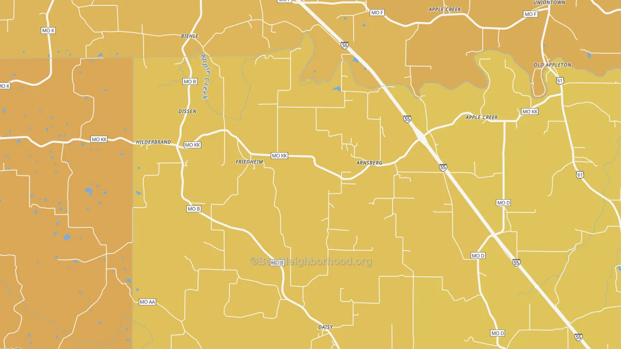 Map of the best neighborhoods in the Friedheim area, with better matches in green and worse matches in red