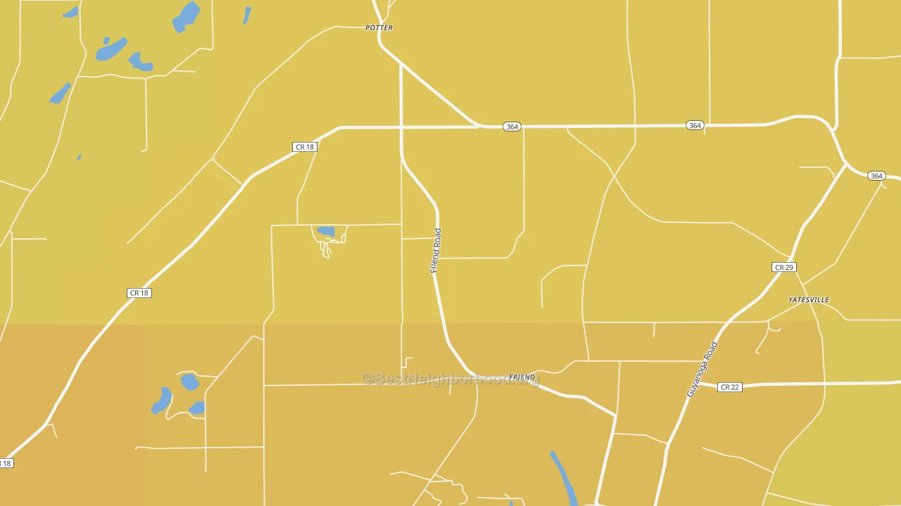 Map of the best neighborhoods in the Friend area, with better matches in green and worse matches in red