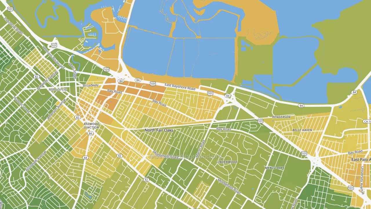 Map of the best neighborhoods in the Friendly Acres, Redwood City area, with better matches in green and worse matches in red