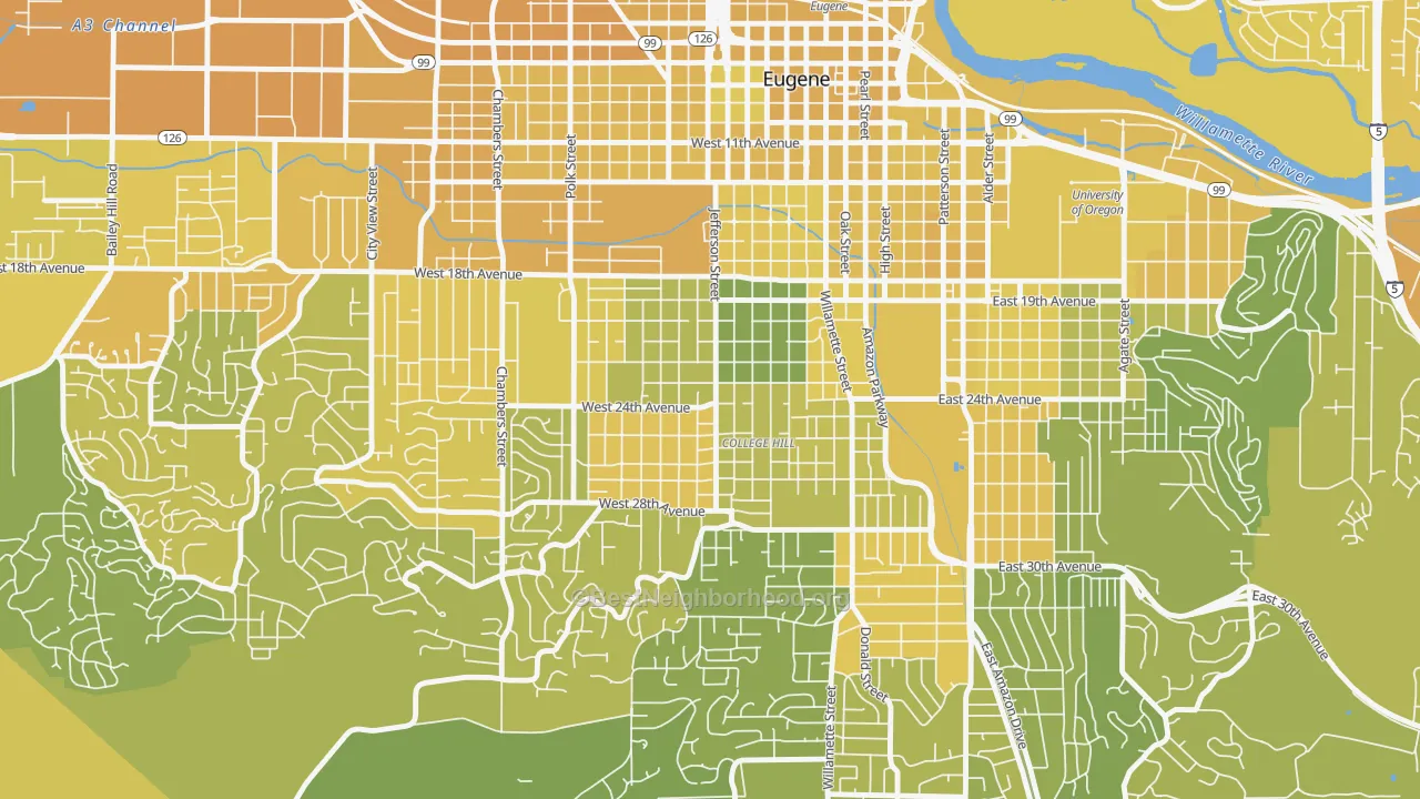 Map of the best neighborhoods in the Friendly, Eugene area, with better matches in green and worse matches in red