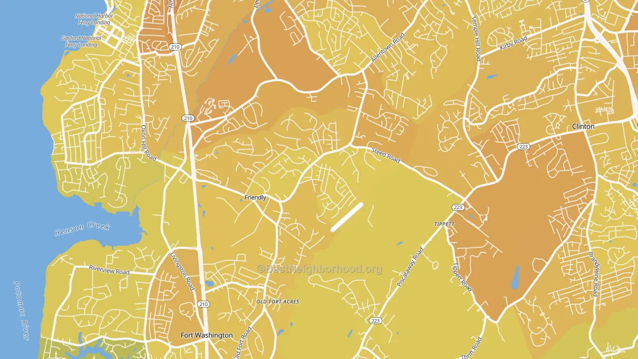 Map of the best neighborhoods in the Friendly, Fort Washington area, with better matches in green and worse matches in red
