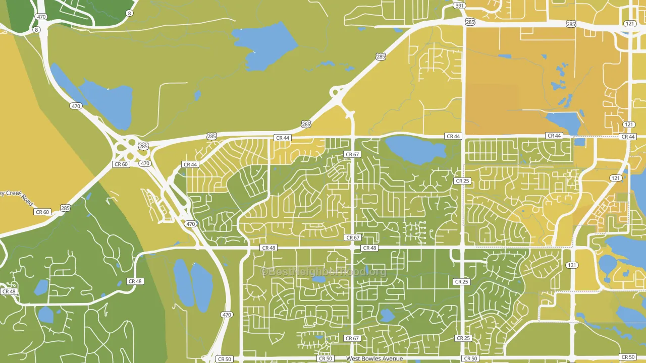 Map of the best neighborhoods in the Friendly Hills, Dakota Ridge area, with better matches in green and worse matches in red