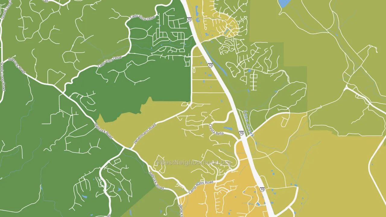 Map of the best neighborhoods in the Friends of Friedrich Wilderness Park, San Antonio area, with better matches in green and worse matches in red