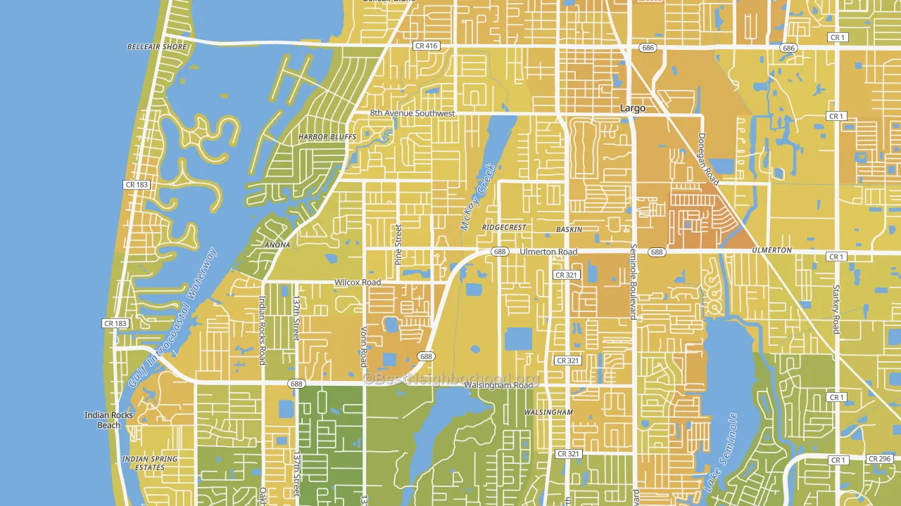Map of the best neighborhoods in the Friends of Ridgecrest, Largo area, with better matches in green and worse matches in red