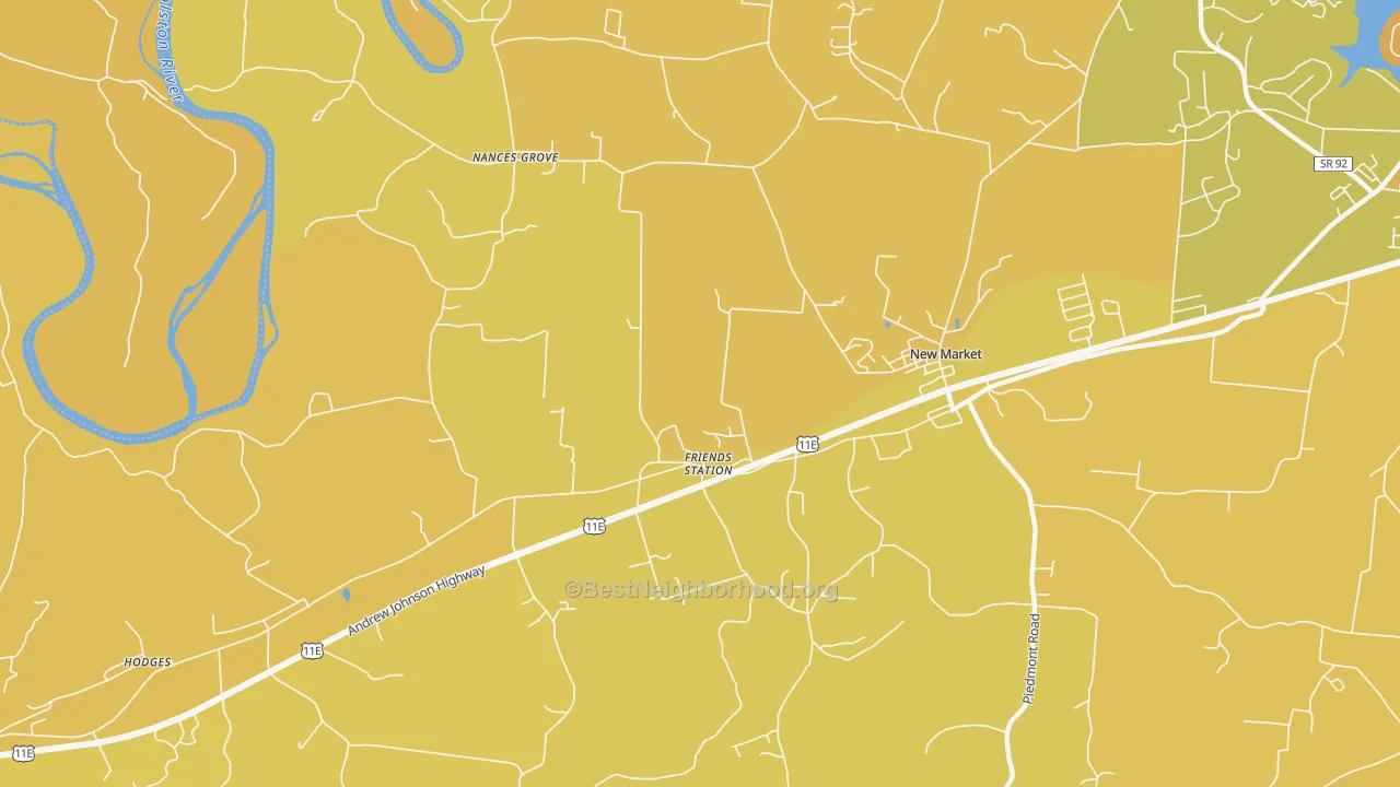 Map of the best neighborhoods in the Friends Station area, with better matches in green and worse matches in red