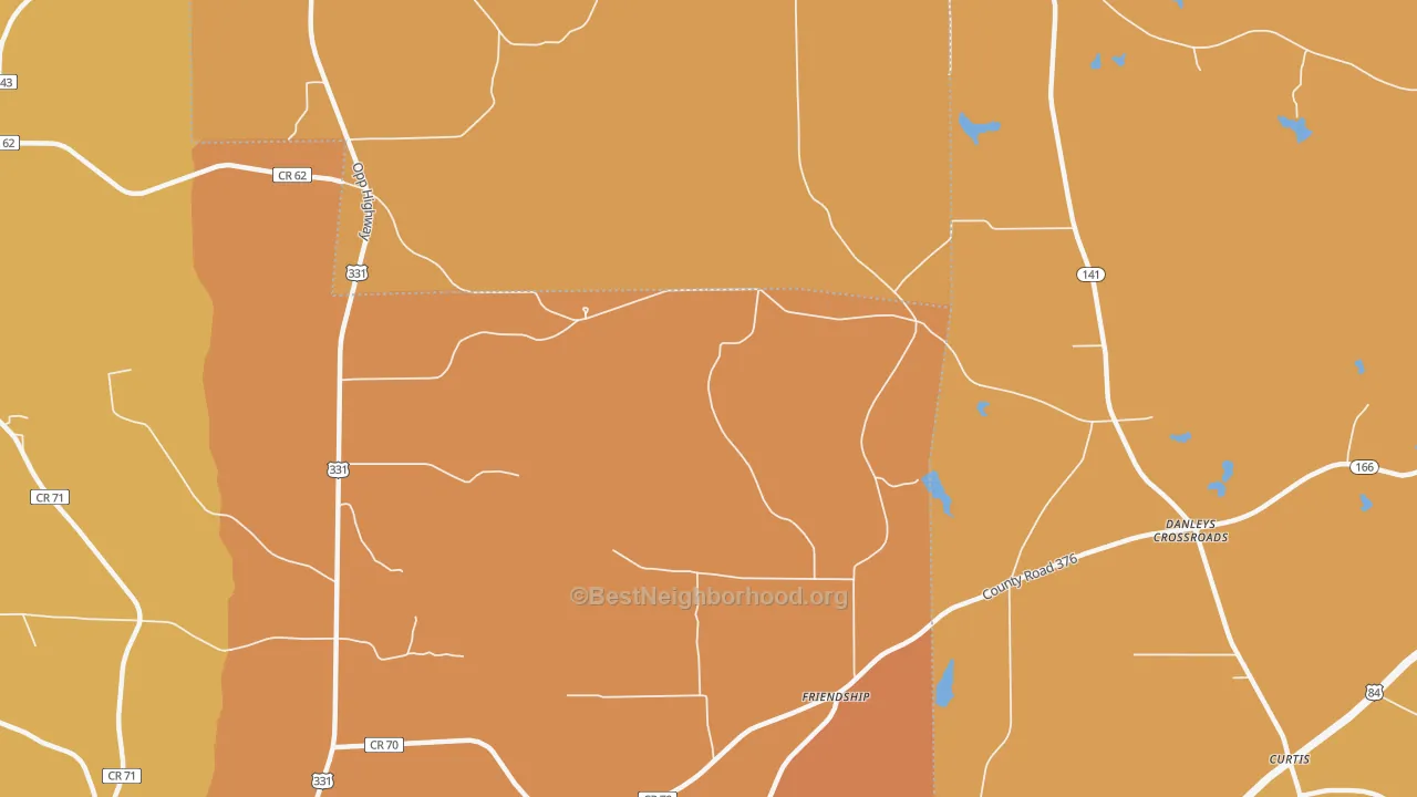 Map of the best neighborhoods in the Friendship area, with better matches in green and worse matches in red