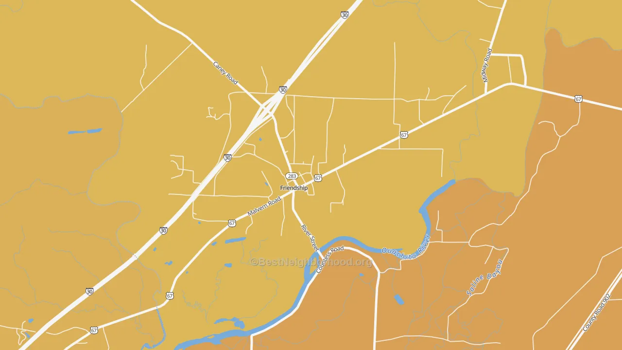 Map of the best neighborhoods in the Friendship area, with better matches in green and worse matches in red