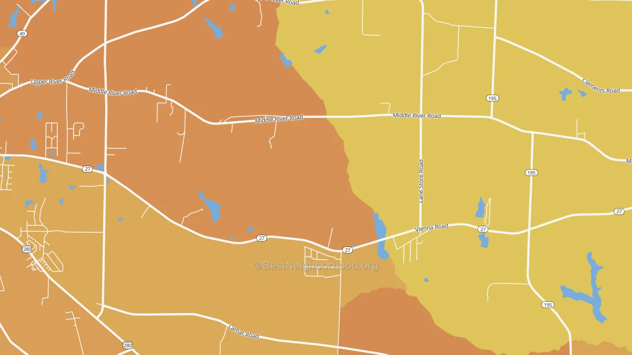 Map of the best neighborhoods in the Friendship area, with better matches in green and worse matches in red