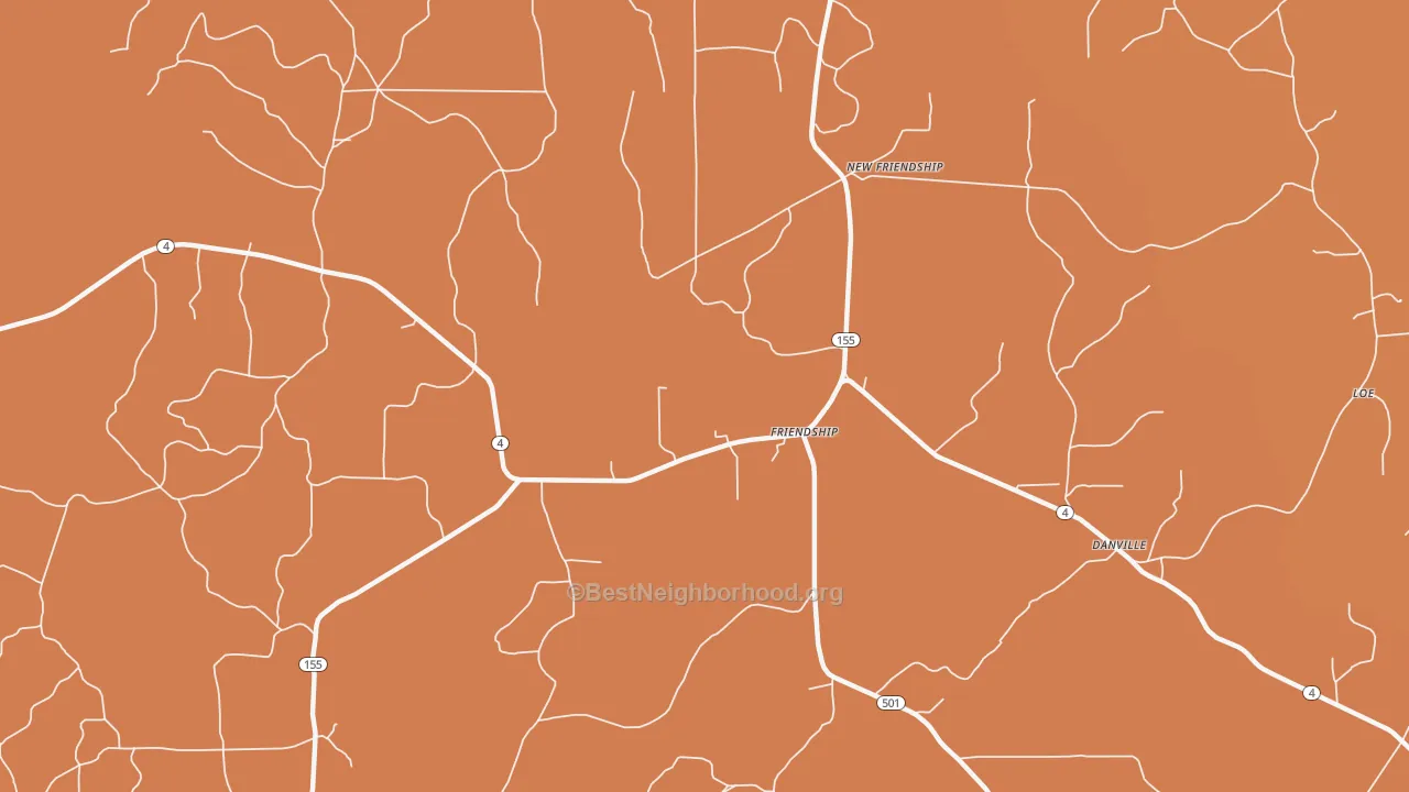 Map of the best neighborhoods in the Friendship area, with better matches in green and worse matches in red