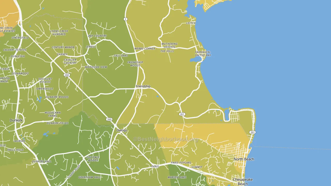 Map of the best neighborhoods in the Friendship area, with better matches in green and worse matches in red