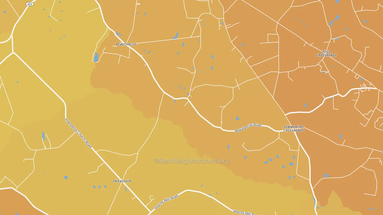 Map of the best neighborhoods in the Friendship area, with better matches in green and worse matches in red
