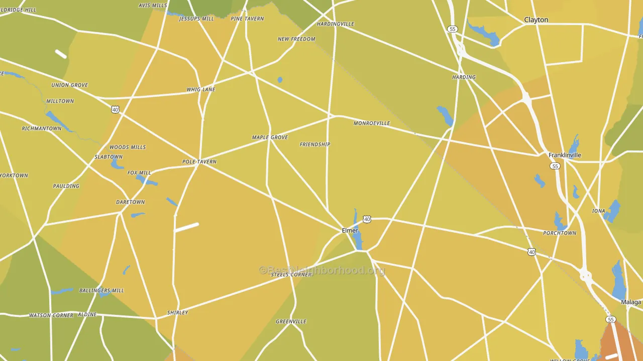 Map of the best neighborhoods in the Friendship area, with better matches in green and worse matches in red