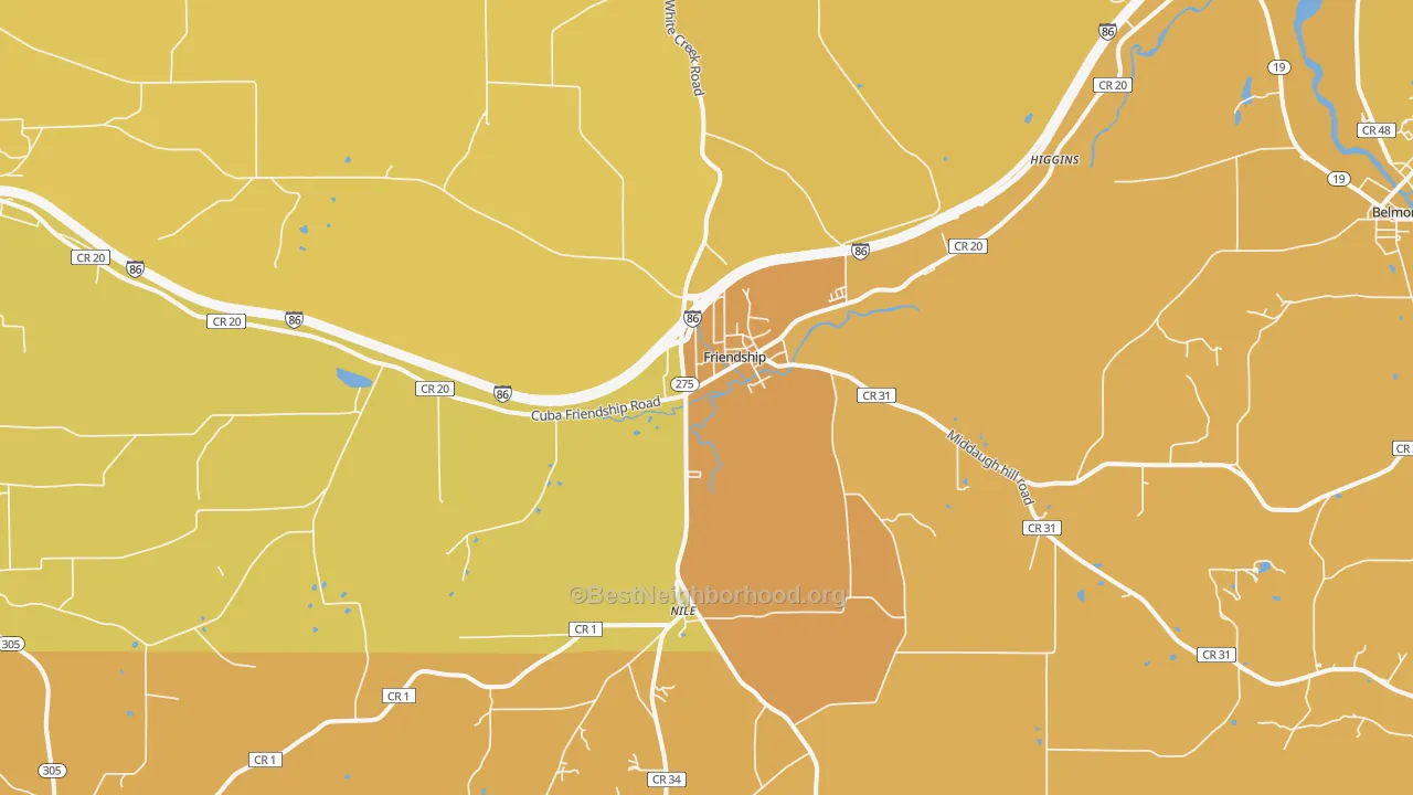 Map of the best neighborhoods in the Friendship area, with better matches in green and worse matches in red