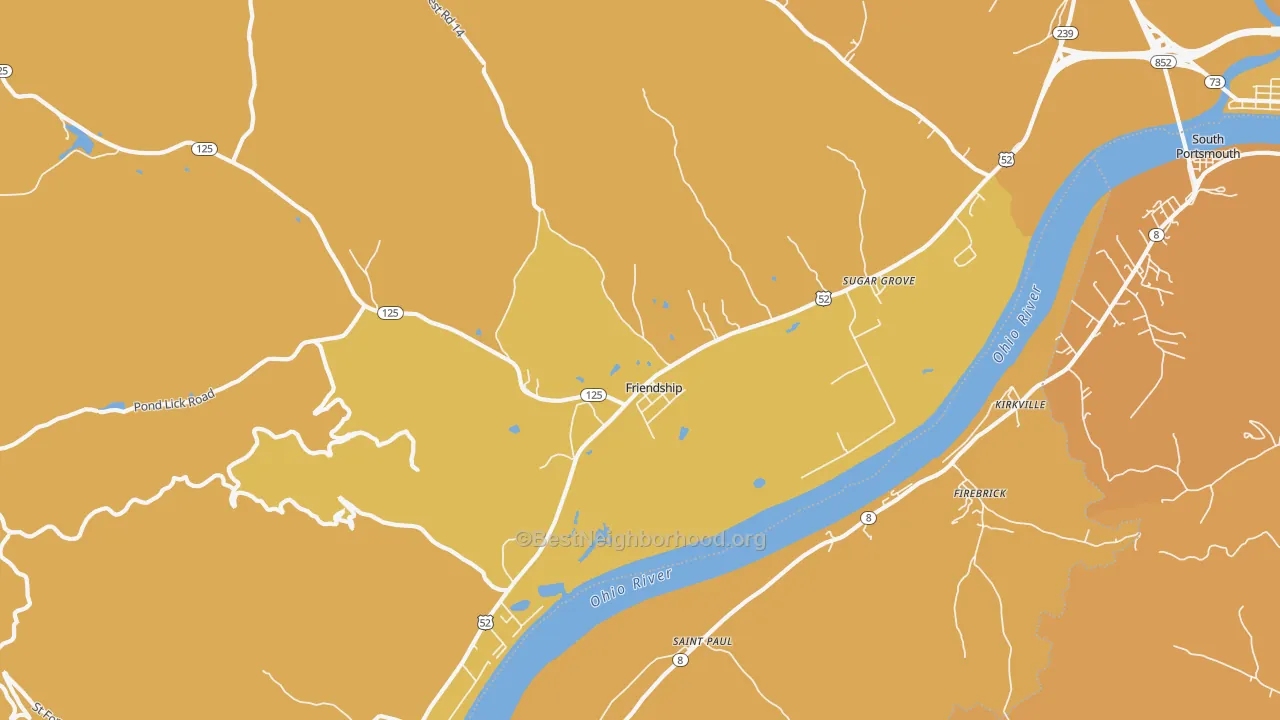 Map of the best neighborhoods in the Friendship area, with better matches in green and worse matches in red