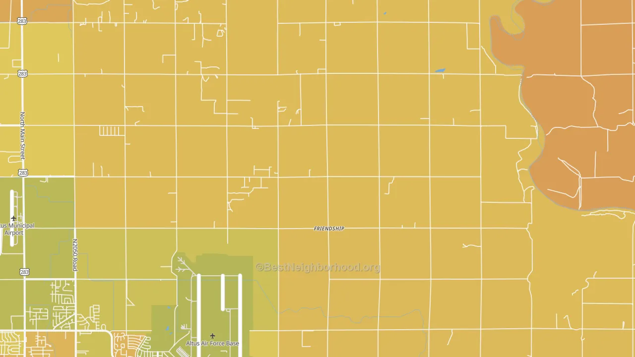 Map of the best neighborhoods in the Friendship area, with better matches in green and worse matches in red