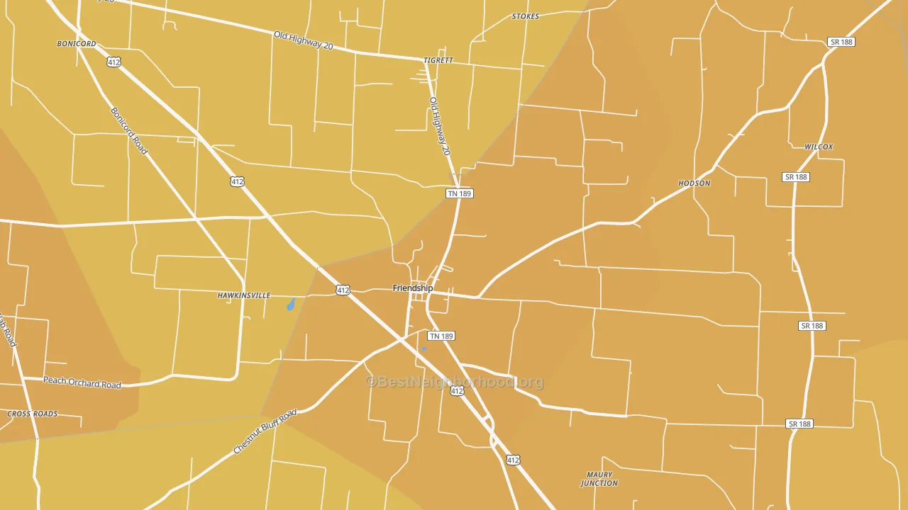 Map of the best neighborhoods in the Friendship area, with better matches in green and worse matches in red