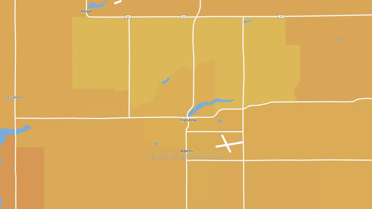 Map of the best neighborhoods in the Friendship area, with better matches in green and worse matches in red